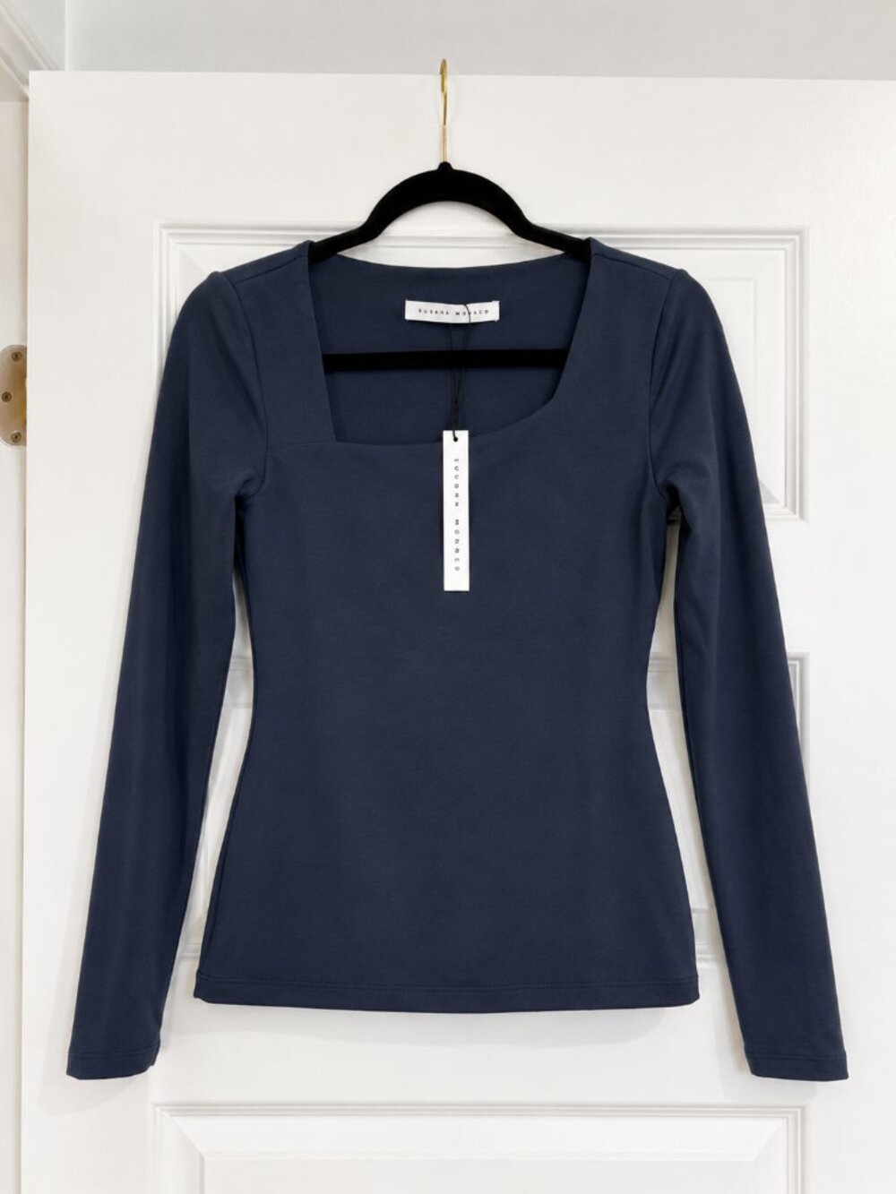 NWT Susana Monaco Asymmetric Square Neck Stretch Jersey Top | Navy | Medium